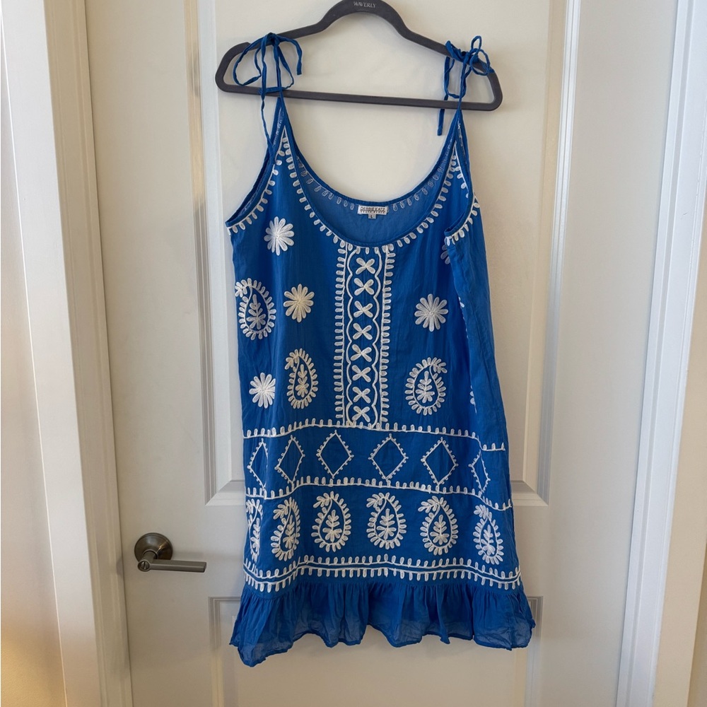 Women's Blue Embroidered Tie-Shoulder Swim Coverup